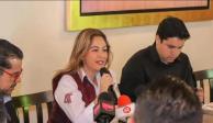 La senadora de Morena, durante la conferencia de prensa que ofreció ayer en la ciudad de Cuernavaca.
