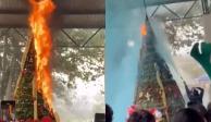 VIDEO del momento exacto en que se incendia un árbol de Navidad en una escuela de Puebla.