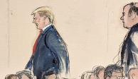 Un boceto muestra el momento en que Trump, molesto, sale de la sala en el tribunal de Nueva York, ayer.