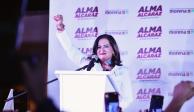 La candidata de la coalición sigamos haciendo historia, conformada por Morena– PT–Verde, Alma Alcaraz.