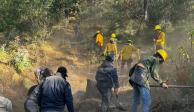 Brigadas del Estado de México realizan trabajos para combatir los siniestros forestales, ayer.