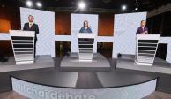De izq. a der.: Jorge Álvarez Máynez, Xóchitl Gálvez y Claudia Sheinbaum, ayer en el tercer debate presidencial.