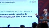 Andrés Manuel López Obrador muestra el total de presupuesto de la Suprema Corte de Justicia de la Nación (SCJN) en una conferencia mañanera.
