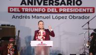 La presidenta electa, ayer, en celebración de los 6 años del triunfo de AMLO.