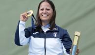 Adriana Ruano en la final de fosa femenil de tiro, ayer, en París.