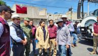 Luisa María Alcalde al visitar Chalco para corroborar los avances de los trabajos para atender las inundaciones, ayer.