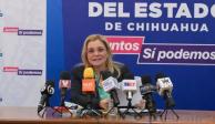 La gobernadora de Chihuahua, Maru Campos, ayer, en rueda de prensa.