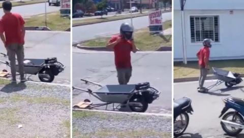 Hombre convirtió su carretilla de mano en vehículo motorizado.