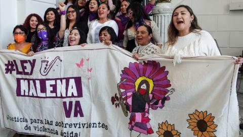 as activistas Maria Elena Ríos y Elisa Xolalpa, víctimas de ataques con ácido, celebraron en el Congreso de la Ciudad de México la aprobación de la llamada "Ley Malena".