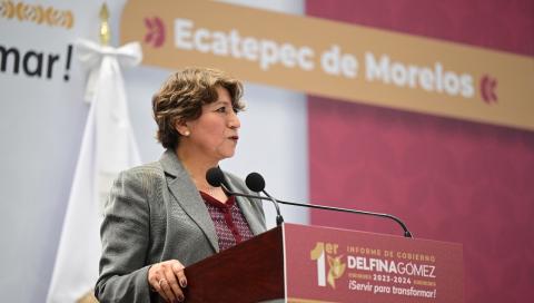 Delfina Gómez en su segundo informe regional en Ecatepec, reafirmando compromisos sobre agua, movilidad y bienestar social.