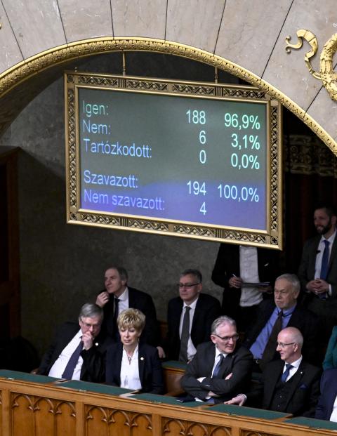 Legisladores observan el resultado de la votación en el Parlamento húngaro, ayer.