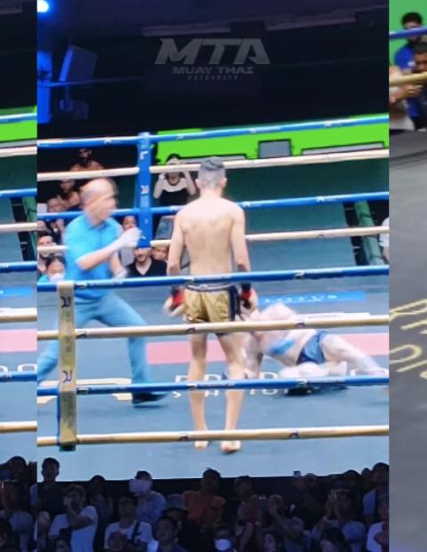Un peleador de muay thai se rompe la pierna al dar una patada
