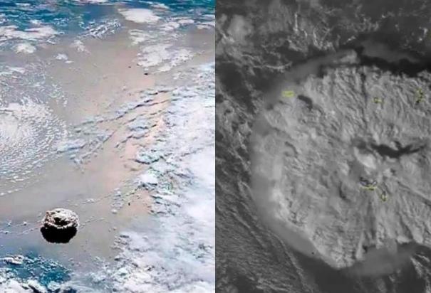 Comparten en redes sociales imágenes satelitales del momento exacto de la explosión del volcán submarino en Tonga.