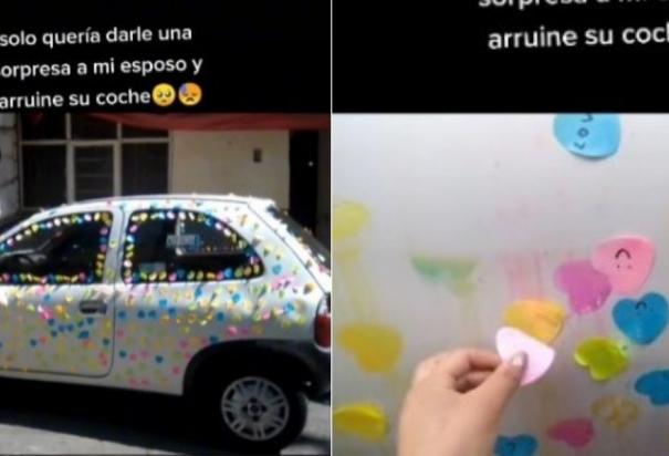 Los post-its dejaron decenas de manchas de colores en el coche una vez que fueron removidos.