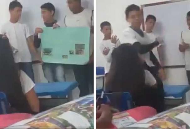 La secuencia de imágenes muestra el momento en que un joven agrede a su compañera de clase porque se burló de él durante una exposición