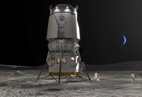 Esta imagen proporcionada por Blue Origin muestra el módulo de aterrizaje Blue Moon. Blue Origin de Jeff Bezos recibió un contrato de $ 3.4 mil millones el viernes 19 de mayo de 2023 para desarrollar un módulo de aterrizaje lunar llamado Blue Moon. Se utilizará para transportar astronautas a la superficie lunar a partir de 2029.