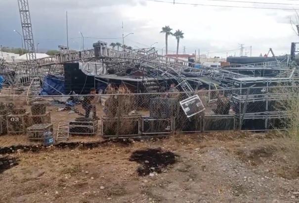 Fuertes vientos derrumbaron el escenario donde se presentaría Edén Muñoz en Meoqui.