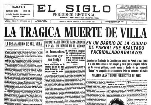 El Siglo de Torreón así informó del asesinato de Francisco Villa.