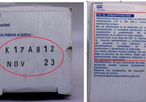 Cofepris alertó que el lote K17A812 del antibiótico  Meropenem no fue fabricado por Laboratorios Pisa.