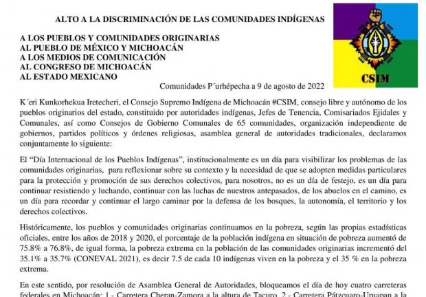 Comunicado del Consejo Supremo Indígena de Michoacán en el que piden cese la discriminación