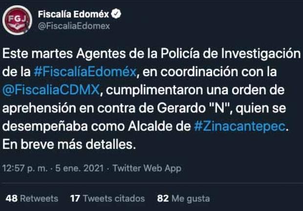 La Fiscalía del Estado de México reporta la aprehensión del alcalde de Zinacantepec.