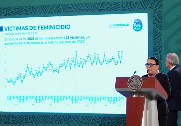 Rosa Icela Rodríguez, titular de la Secretaría de Seguridad y Protección Ciudadana, durante su participación en la conferencia, el 28 de junio de 2021.