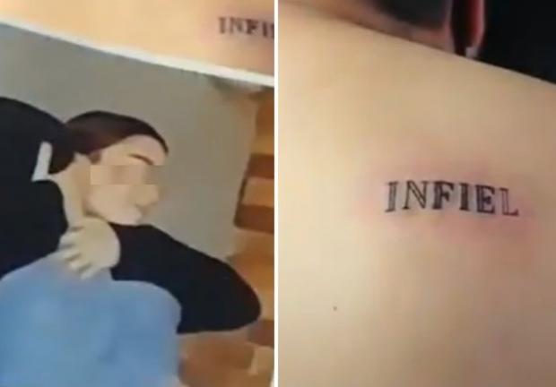 El novio salió del lugar con la palabra infiel tatuada en su espalda