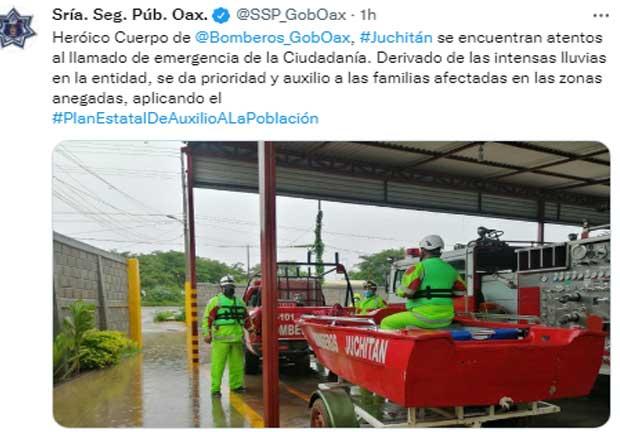 Bomberos de Oaxaca  se reportaron listos para auxiliar a los afectados por las lluvias de los últimos días en la región del Istmo