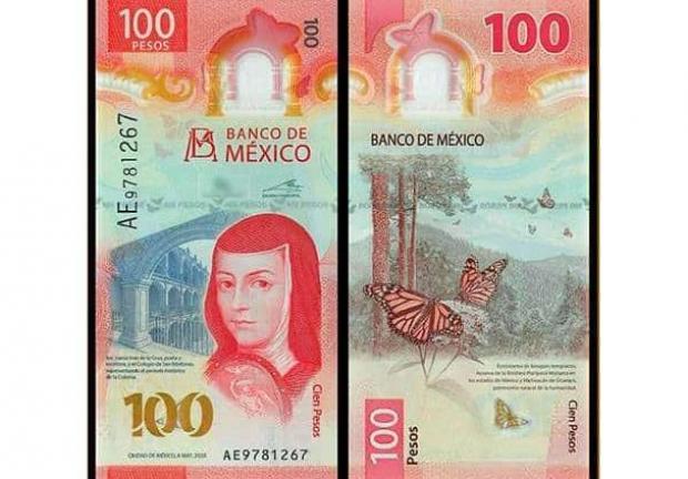 El billete tiene la imagen de Sor Juan Inés de la Cruz y el santuario de las mariposas monarca en  Michoacán
