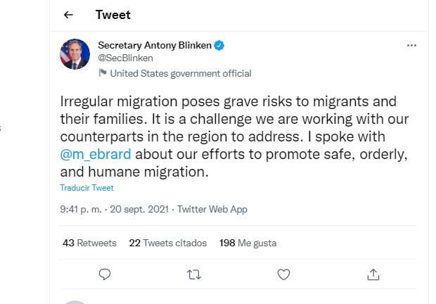 El secretario de Estado de Estados Unidos, Antony Blinken, en su cuenta de Twitter,