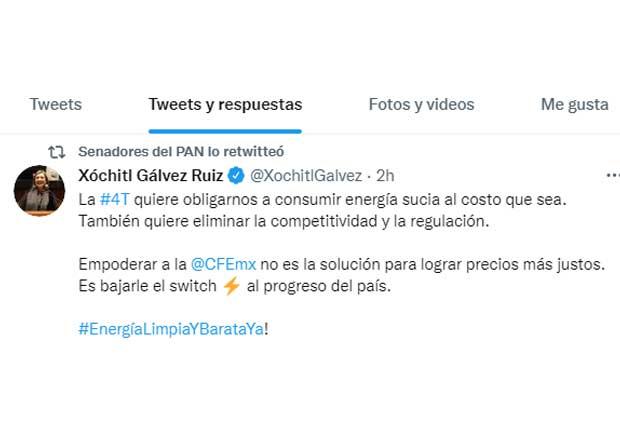 La senadora de Acción Nacional, Xóchitl Gálvez, se pronunció en Twitter contra la reforma eléctrica