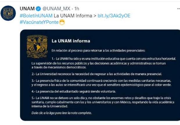 Reitera UNAM que el regreso presencial a clases será voluntario y hasta que haya semáforo verde