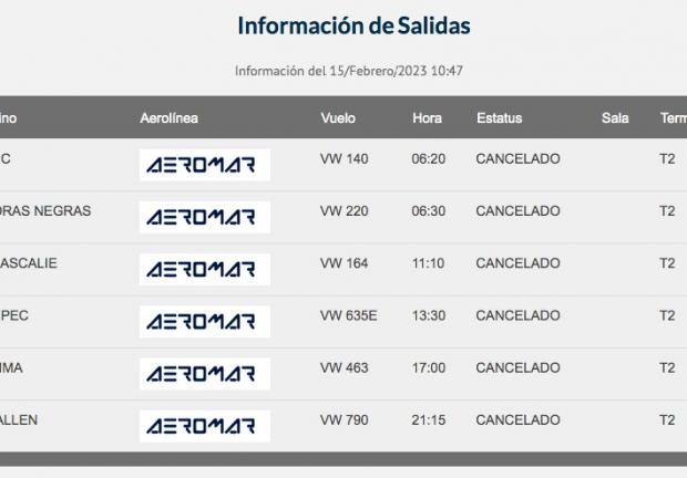Todas las operaciones de la aerolínea Aeromar previstas para este miércoles en el AICM fueron canceladas