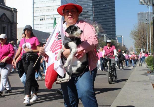 Una de las asistentes a la Marcha en defensa del INE, carga a su perrito, mientras se dirigen hacía el Zócalo capitalino