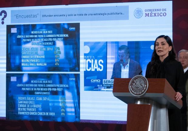 Ana Elizabeth García Vilchis presentó capturas de pantalla sobre la nota del aumento en las encuestas de la aspirante Xóchitl Gálvez durante la conferencia matutina desde Palacio Nacional.