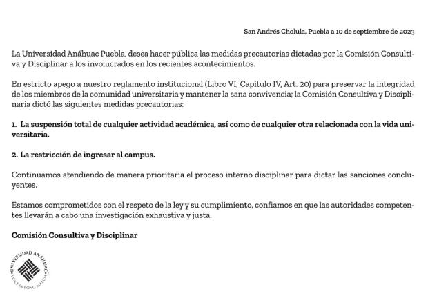 Comunicado Universidad Anáhuac Puebla sobre medidas tomadas contra los agresores de Neto Calderón.