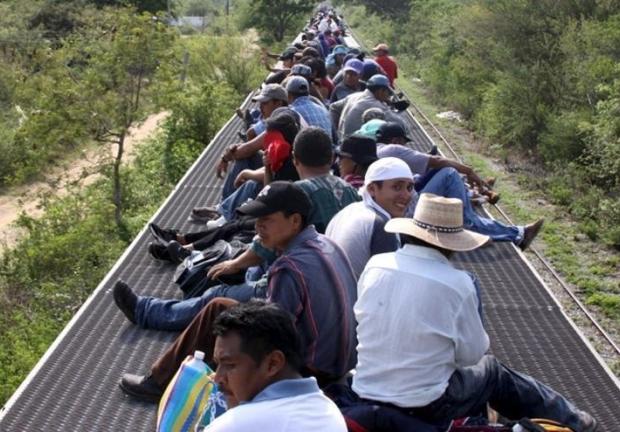 Migrantes viajan arriba de un tren.
