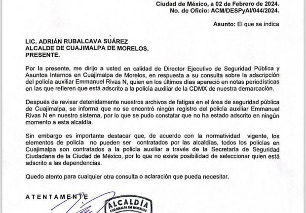 Noticicaión dirigida al alcalde de Cuajimalpa, Adrián Ruvalcaba de parte de la Dirección Ejecutiva de Seguridad y Asuntos Internos de la alcaldía