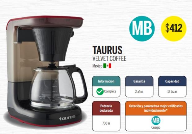 La Taurus Velvet Coffee para 12 tazas en adelante tiene un costo de 412 pesos.