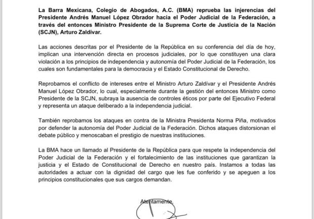 Barra Mexicana de Abogados en un comunicado acusó conflicto de interés entre AMLO y Zaldívar.