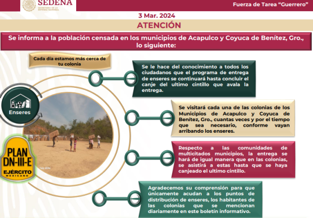 La SEDENA informa a la población censada en los municipios de Acapulco y Coyuca de Benítez, Gro