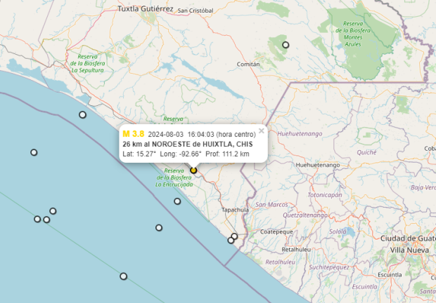 Temblor de magnitud 3.8 a en Huixtla.