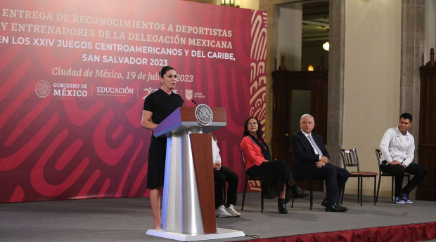Ana Guevara, titular de la Conade, durante la entrega de premios de AMLO a los medallistas en San Salvador 2023, el pasado 19 de julio.