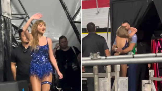 Taylor Swift le da romántico beso a Travis Kelce tras concierto (VIDEO)