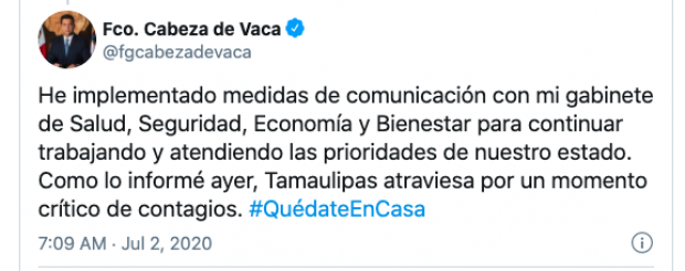 Publicación del gobernador de Tamaulipas, Fco. García Cabeza de Vaca.