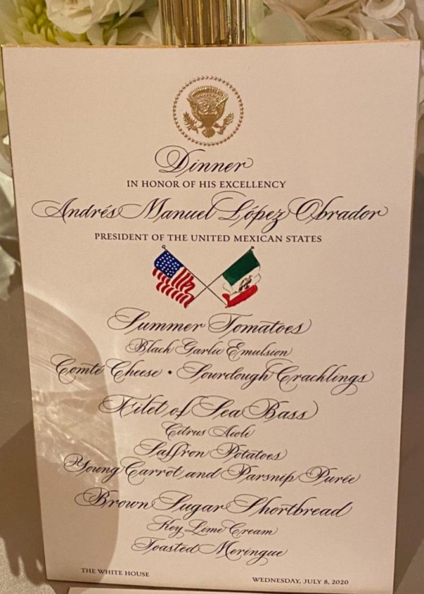 Menú de la cena de AMLO y Trump en la Casa Blanca.