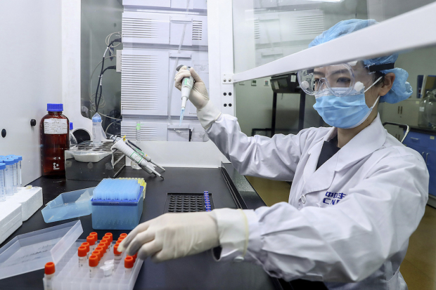 Una empleada de SinoPharm, en Beijing, analiza muestras de sangre para una posible cura del Covid-19. China es uno de los países que participa en el desarrollo de una inoculación contra el SARS-CoV-2.