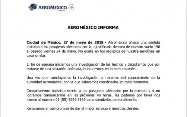 Comunicado de Aeromexico sobre el incidente.