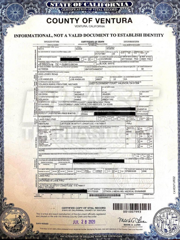 Certificado de defunción de Naya Rivera que se filtró en los medios de comunicación.