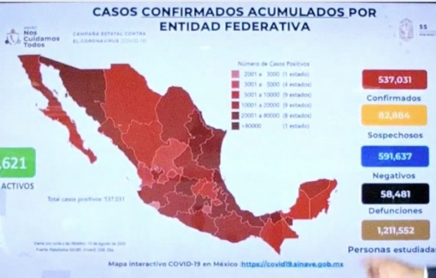 Casos de COVID-19 en Baja California, el 20 de agosto de 2020.